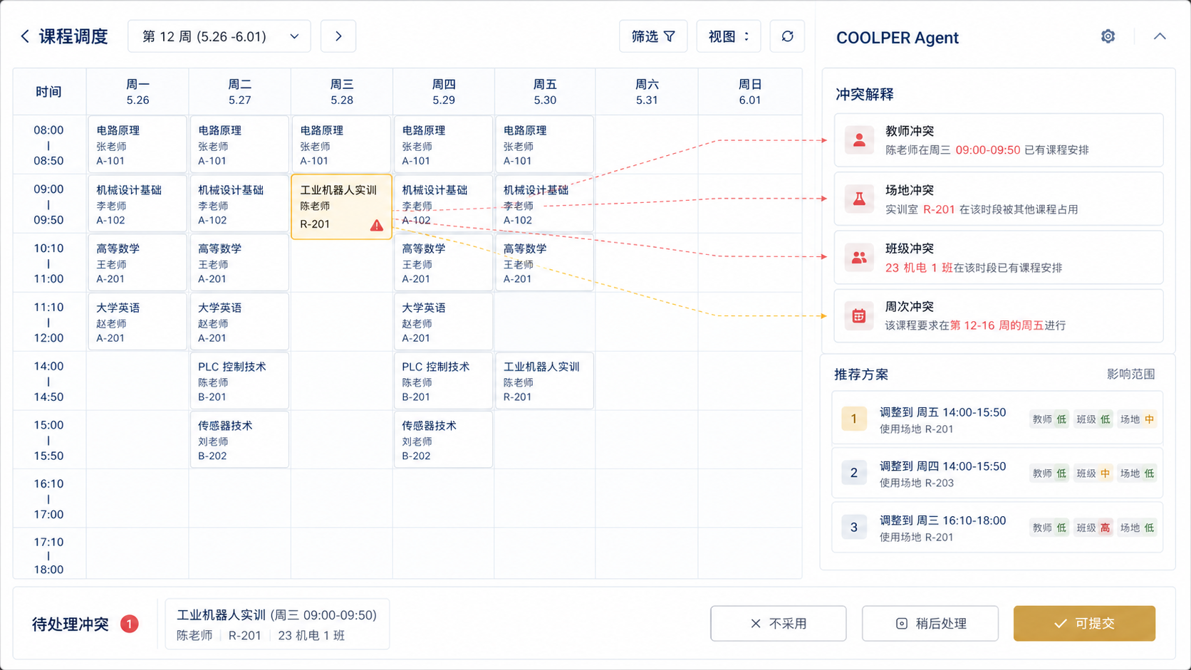 COOLPER 排课冲突解释界面，课表中的工业机器人实训与教师、场地、班级和周次约束联动